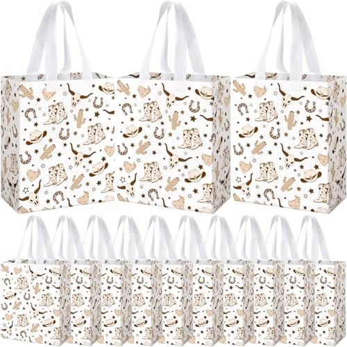Supervitae 24 Pack Brown Cowboy Gift Bags Medium Western Cowboy Theme Party Decoration Supplies Reusable Non Woven Totes for Rodeo Birthday Themed Supplies Favor(9.8 x 7.9 x 3.9)