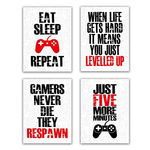 HPNIUB Funny Game Art Print Inspirational Words Quote Poster Set of 4 (12 â€X 16â€) Canvas Gaming Wall Art for Kids Boy Bedroom Playroom Home Decor,No Frame