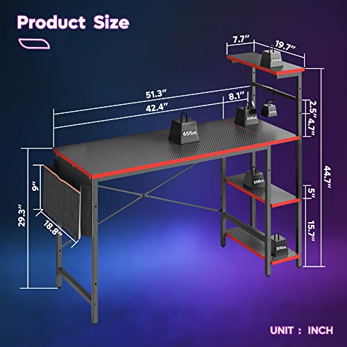 Image of Bestier Gaming Desk with LED Lights, 51.3 Inch Computer Desk with 4 Tiers Reversible Shelves, Gamer Desk with Side Storage Bag, Hooks and Height Adjustable Shelf (Black Carbon Fiber)