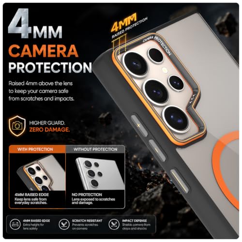 Image of Pikkme Back Cover for Samsung Galaxy S24 Ultra 5G | Shockproof | Mag-Safe Compatible | Hard Transparent Back | Premium Raised Camera Protection | Bumper Case (Black & Orange Mag-Safe)