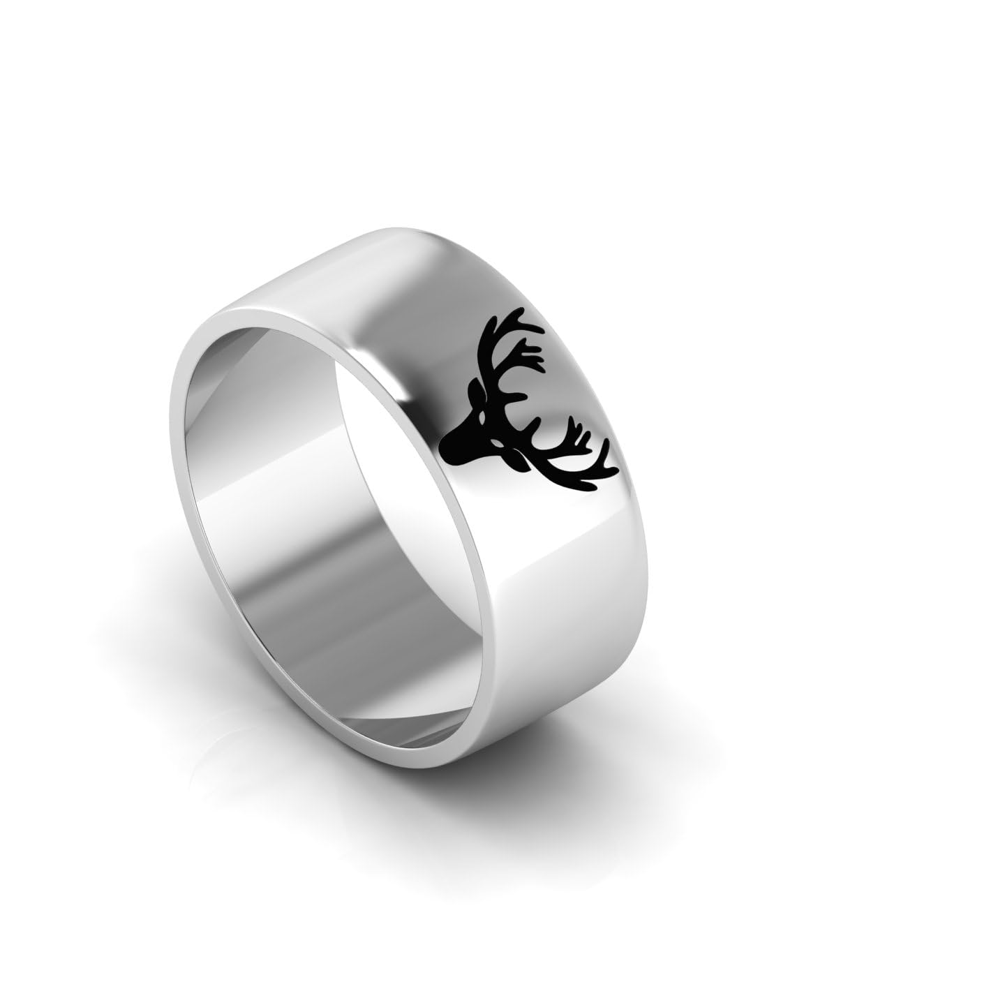 Handmade 925 Sterling Silver Unisex Wedding Band Ring - 8mm Wide Black Enamel Stag, Deer, and Elk Antler Print with Gold Plating KCR066