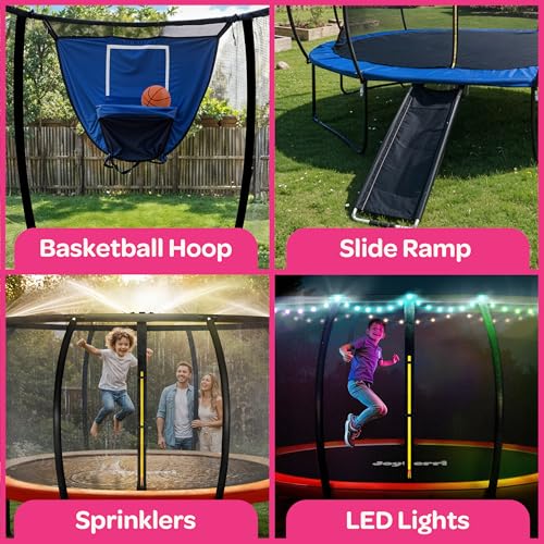 Image of JoyBerri Upsurge Trampoline Outdoor - ASTM Certified Safe 8Ft 10Ft 12Ft 14Ft 15Ft 16Ft Recreational Trampoline for Kids and Adults. Anti-Rust Coating with Enclosure Net, Ladder, Sprinkler & LED Lights