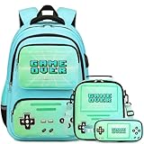 ACESAK Mochila Gamer para meninos – Mochila escolar luminosa legal com lancheira estojo de lápis, Verde, Medium