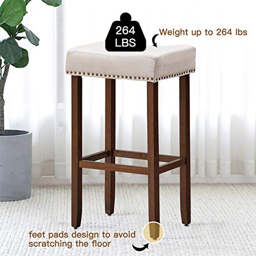Costway Bar Stools Set Of 2, 29 Inch Backless Counter Height Stools With Brass Nail Head Studs, Thick Cushion & Solid Wood Legs, Upholstered Counter Saddle Stools For Room Kitchen Bistro Pub, Beige #TOP4
