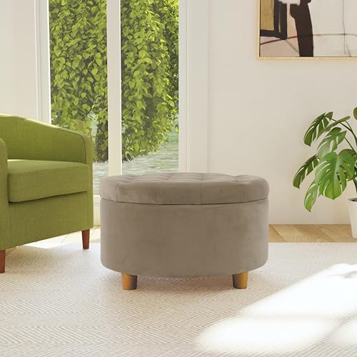 Image of HomePop 28 inch Button Tufted Velvet Round Storage Ottoman - Fawn Velvet