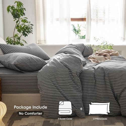 Image of MooMee Striped Duvet Cover Set 100% Washed Cotton Linen Like | Relaxed Linen-like Texture. Soft, Breathable & Long-lasting Comfort. Lightweight. Hidden Zipper with 8 Interior Corner Ties