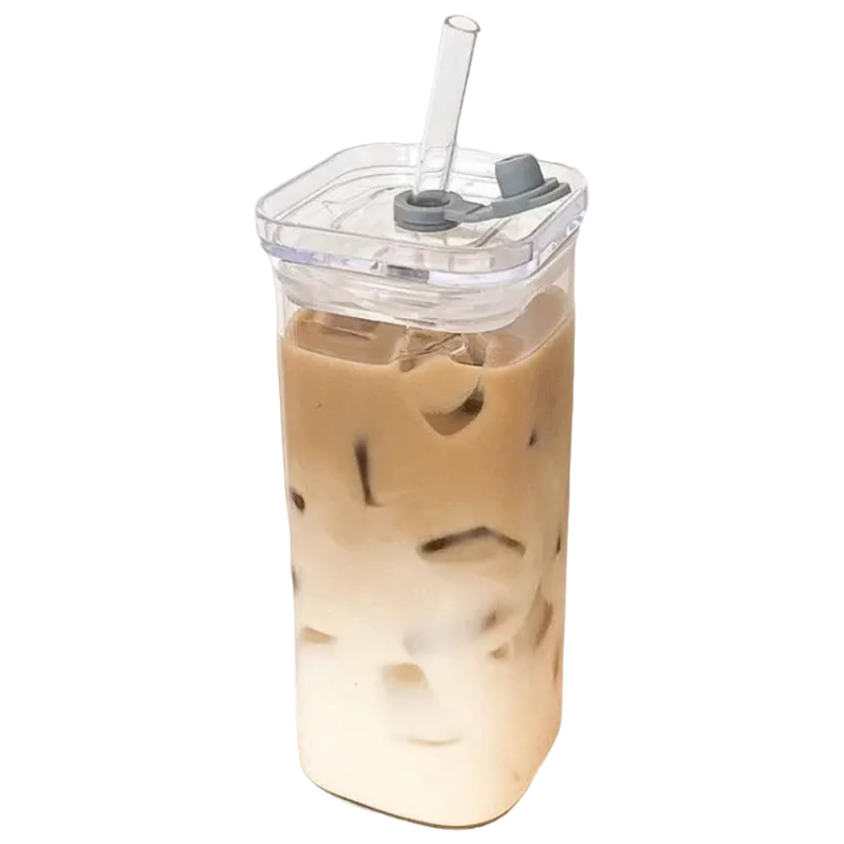 Nukinp Glass Cups with Lids and Straws, 400ml Clear Portable Safe Square Drinking Glasses for Cocktail Beer, Soda, Fruit Juice
