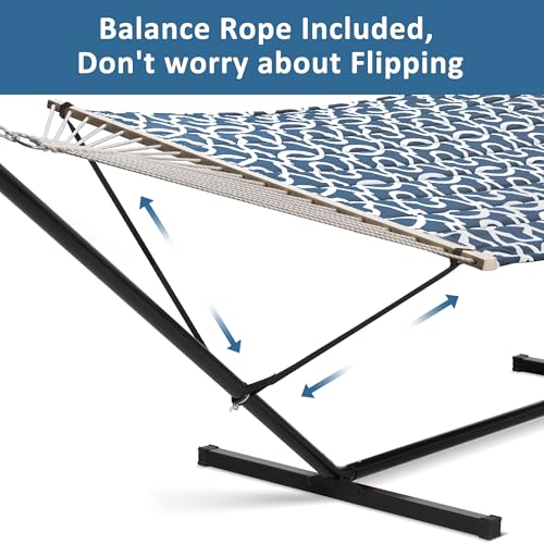 Image of SUNCREAT Two Person Hammock with Stand, 475 lbs Capacity, Portable Patio Hammock with Hardwood Spreader Bar, Large Soft Pillow, Blue Pattern