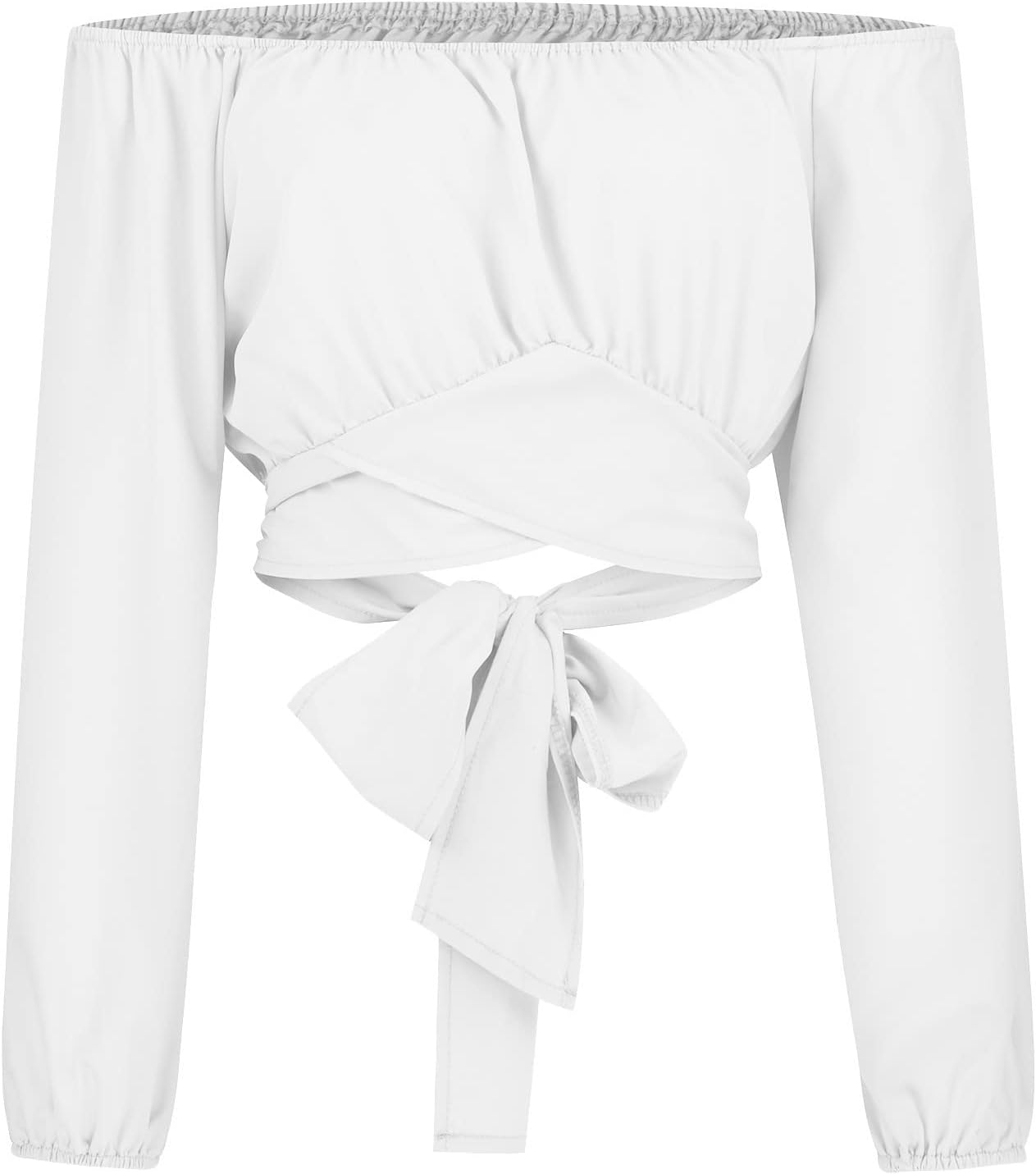 Off Shoulder Crop Top for Women Lantern Sleeve Waist Tie Blouse S-2XL - Image 3