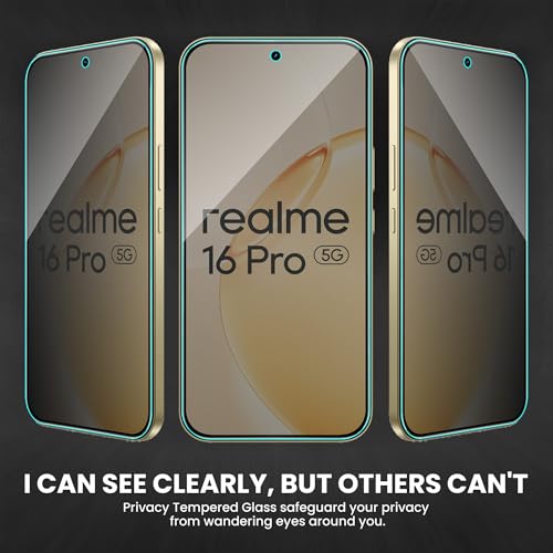 Image of ArmourPro Anti-Spy Privacy Tempered Glass for Realme 16 Pro - Anti Peeping Screen Protector, Edge to Edge Full Coverage, 9H Hardness, Easy Installation Kit | Pack of 2