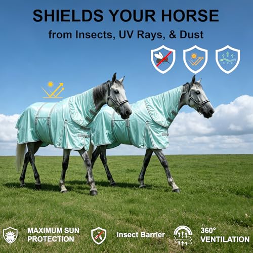 Image of Summer Horse Fly Sheet with Detachable Neck & Belly Wrap, Breathable Fine Mesh Sweet Itch Protection for Stable & Pasture Turnout, Biting Defense & All-Day Comfort Shield Moonlightgreen 66 inch