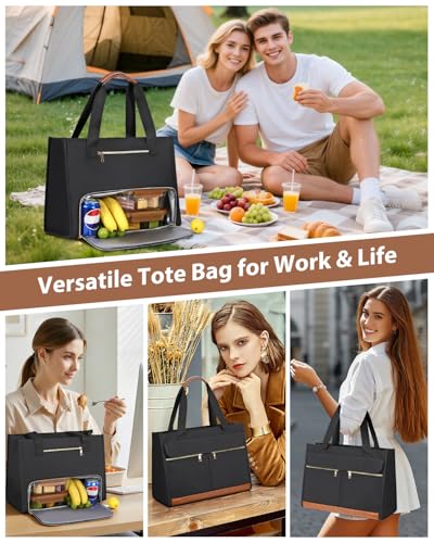 Bnlcd Lunch Tote Bag for Women - 15.6 Inch Laptop Work Bag with Insulated Lunch Compartment - Large Capacity Quilted Computer Handbag - Leakproof Lunch Box for Women Adults, Black - image 2