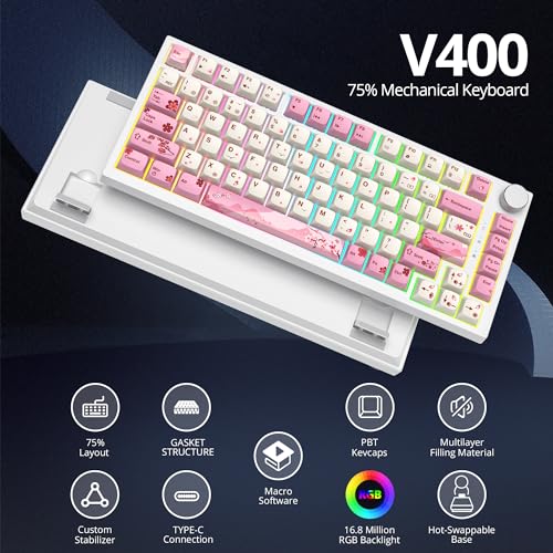 Image of 75% TKL Wired Mechanical Keyboard,RGB Backlit Gasket Mount 82 Key Hot Swappable Custom Linear Red Switch Gaming Keyboard with Volume Knob & PBT Keycaps (Pink)