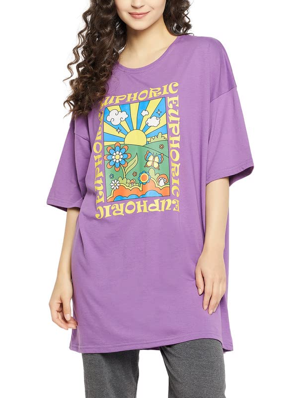 Image of Clovia Women's Cotton Graphic & Text Print Oversized T-Shirt