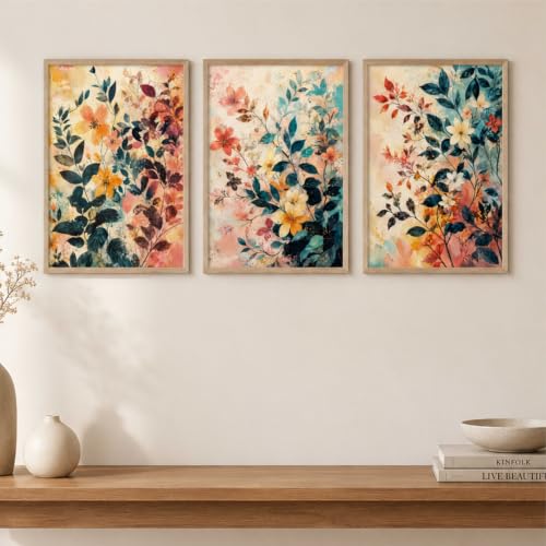 Image of Livin'luxe Set of 3 Abstract Floral Wall Paintings for Living Room Bedroom Hallway Home Decor with Premium Wooden Color Synthetic Frame (13.5 x 19.5 Inch) NM03-60