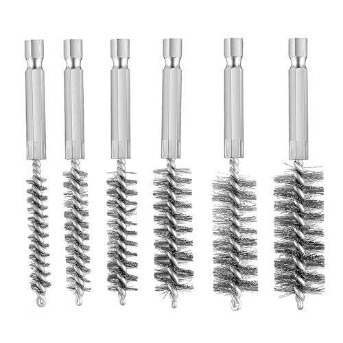 6Pcs Stainless Steel Bore Brush Set in Different Sizes, Twisted Wire Cleaning Brush with 1/4 Inch Hex Shank for Power Drill Impact Driver (8, 10, 12, 15, 17, 19mm)