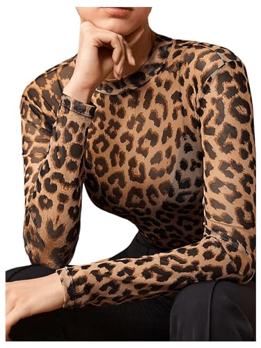 Floerns Women's Leopard Print Sheer Mesh Long Sleeve Tee Shirts Without Bra3