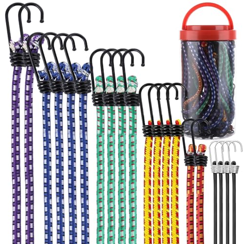 20 cordes élastiques robustes 10"-48" avec crochets et bocal rangement