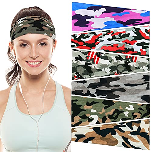 6 Pieces Sports Headbands Moisture Wicking Workout Sweatbands Elastic Head Wrap Workout Headband Wide Stretchy Yoga Non Slip Hair Band for Men Women Running (Camouflage Prints)