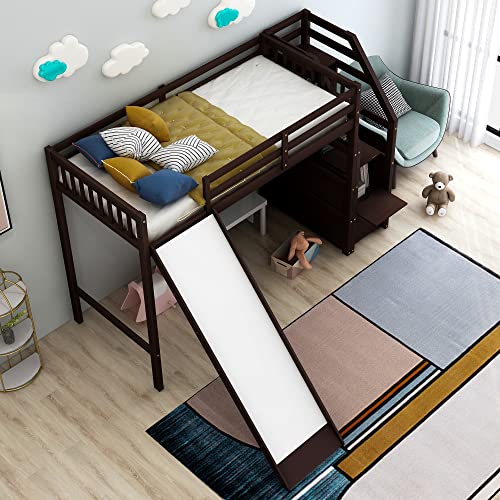 Lepfun Twin Size Loft Bed With Slide & 3 Storage Staircase For Kids Bedroom,Sturdy Wood Bedframe, High Guardrail Design, No Box Spring Needed, Espresso #TOP3