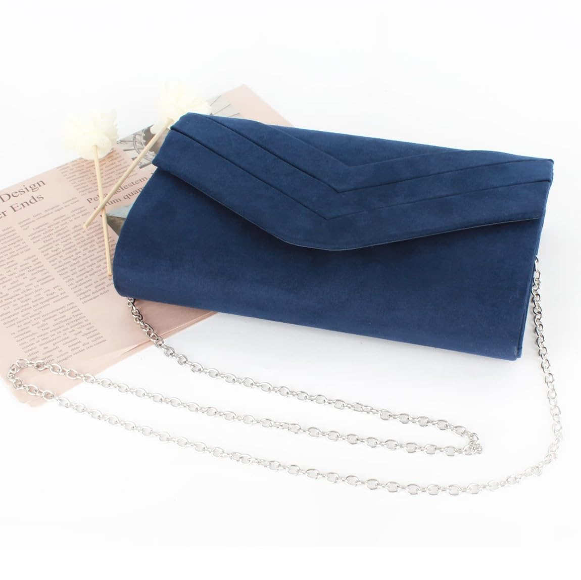 Pochette Larcenciel In Pelle Scamosciata Blu Intenso – 22x11x5 Cm, Con Catena Rimovibile 120 Cm, Borsa A Tracolla 3 Vie Per Sera, Matrimoni, Feste E Prom