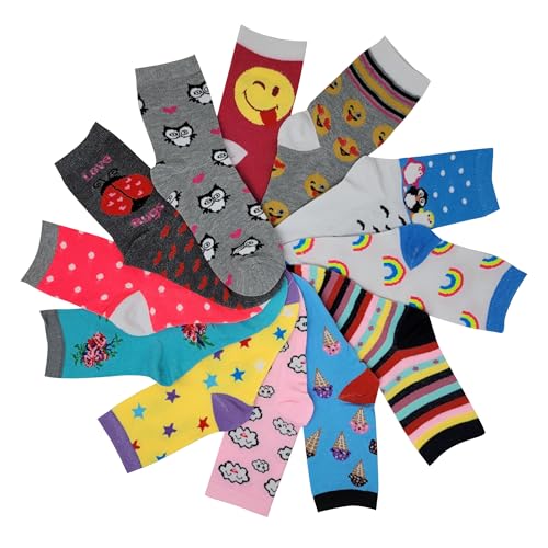 Ayla 12 Pairs Pack Kids Girls Colorful Creative Fun Novelty Design Crew Socks (6-8, Assorted Fancy)2