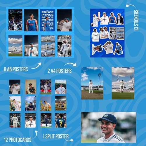 Image of Shubman Gill Gift Merchandise | 10 Premium Posters, 13 Stickers, 12 Photocards & 1 Split Poster | Aesthetic Shubman Gill Merchandise Gift Set for Cricket Fans | Posters Combo Pack for Room Decor