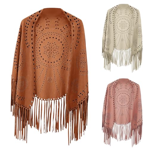 HGps8w Women's Hollow Faux Suede Shawls and Wraps, Vintage Long Tassels Stole Shrug Cape Scarf2