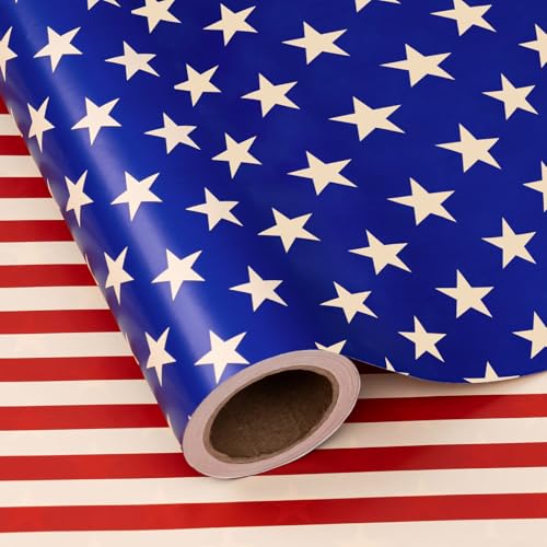 WRAPAHOLIC Reversible Patriotic Wrapping Paper Roll - Mini Roll - 17 Inch x 16.5 Feet - Red Blue Stars & Stripes 4th of July Wrapping Paper Perfect for Independence Day Memorial Day Birthday