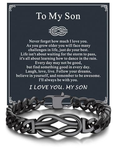 Bandmax Inifinity Love Knot Cuban Link Chain Bracelets for Men Stainless Steel/Black Mens Bracelet with Love Message Card Gift for Son Grandson Husband Father