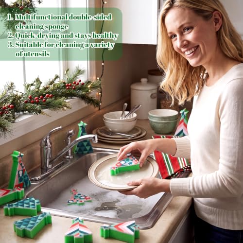 Image of Tioncy 12 Pack Christmas Tree Kitchen Sponges Bulk Colorful Geometric Tree Dual Sided Scrubber Sponges Dishwashing Kitchen Cleaning Accessories for Home Decor Household Supplies