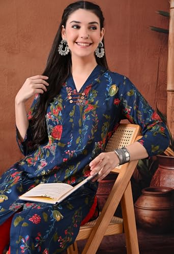 Image of Ichaa Women's Pure Cotton A-Line Ethnic V-Neck Kurta with 3 /4th Sleeve for Daily and Office Wear, in Plus Sizes