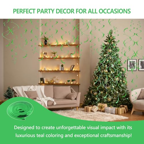Image of Green Hanging Swirls Party Decorations 30 Pack- Extra Long Double Swirl Ceiling Decorations for Minecraft Birthday, Christmas, Wedding, St.Patrick's Day| Reusable Green Party Streamers with Hooks