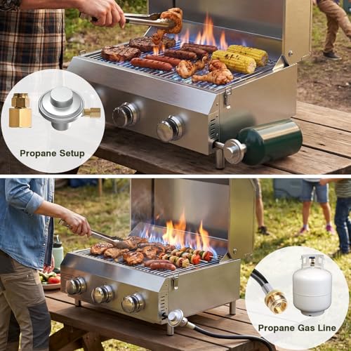 Image of Bestfire 3-Burner Tabletop Gas Grill, Dual Connections, 30,000 BTU Portable Propane Grill, Knobs&Stainless Steel Grates, Compact & Detachable Legs for Camping, RV, BBQ