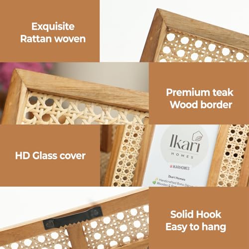 Image of Ikari Homes Premium Teak Wood & Rattan Photo Frame | Handcrafted Boho Woven Cane Picture Frame for Tabletop & Wall Hanging | Natural Rustic Home Decor for Living Room Bedroom (Brown Finish)