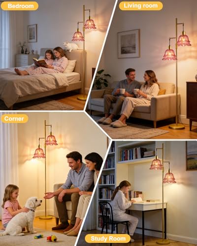 Image of Lightdot Glass Floor Lamp Red Flower 2-Light Dimmable Gold Floor Lamps