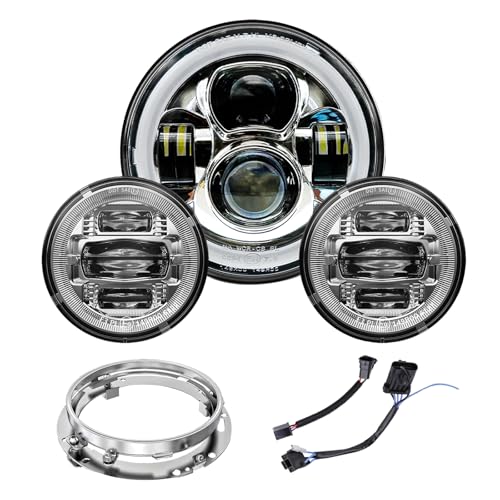bamotoop 7 Zoll LED Scheinwerfer+2 STÜCKE 4,5 Zoll Nebelscheinwerfer E-Geprüft für Herley Davidson Road King Electra Glide Street Glide Heritage Softail Ultra Cvo Tri mit Ständer(Silber)