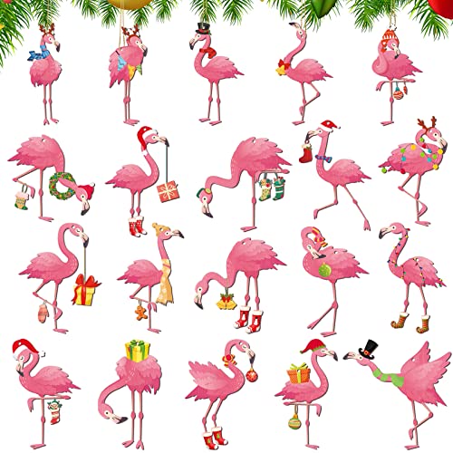 Coume 20 Pieces Wood Flamingo Hanging Decorations Florida Christmas Tree Topper Tropical Flamingo Pink Hanging Ornaments Gift for Xmas Holiday Party Supplies Farmhouse Crafts Decor