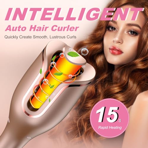 KUAIVO Automatic Curling Iron, 4 Temperatures & 8 Timers Hair Curler with LED Display, 15s Rapid Heating, 1 inch Barrel, Anti Tangle Rotating Curling Wand for All Hair Types