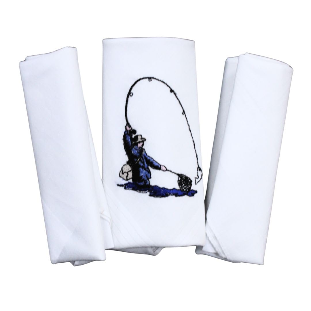 Go West Men's White Fishing Design Handkerchiefs – Pack Of 3 – 100% Cotton 40X40 Cm – Embroidered Hankies