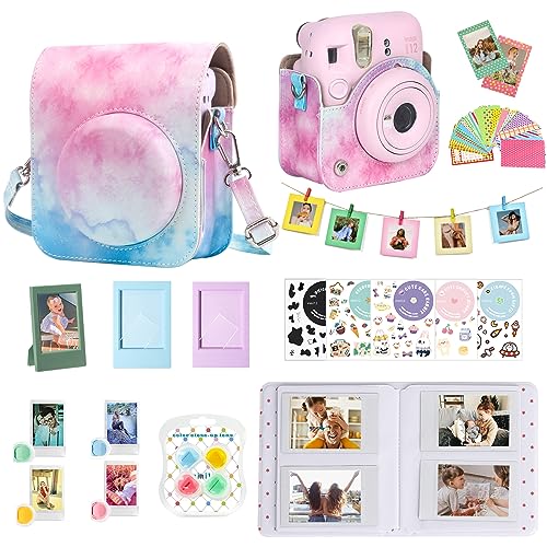 WOGOZAN Mini 12 Accessories Kit for Fujifilm Instax Mini 12 Instant Camera Case+Album for 3 Inch Film+Color Filters+Photo Album & Frames+Wall Hanging Frame+DIY Sticker (Blue Pink Watercolor)