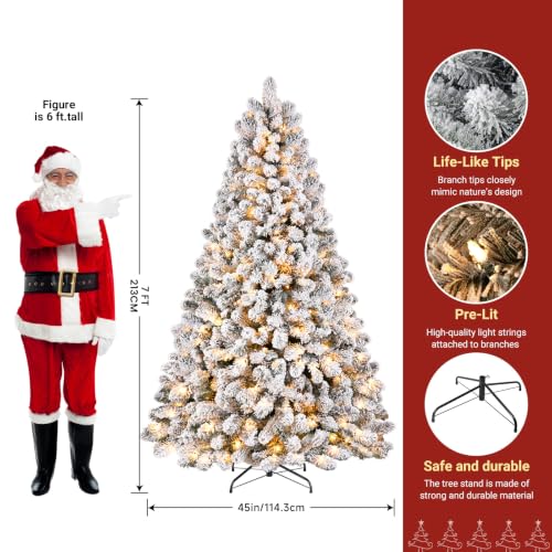 Image of SHareconn 7ft Snow Flocked Spruce Pre-lit Artificial Christmas Tree, White