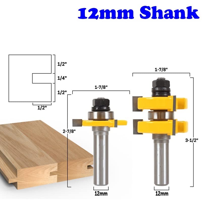 2 SZTUK 12mm Shank Tongue Groove Zestaw Bitów Frezarskich-Duży StockWoodworking Frez TenonCutter Do Obróbki Drewna
