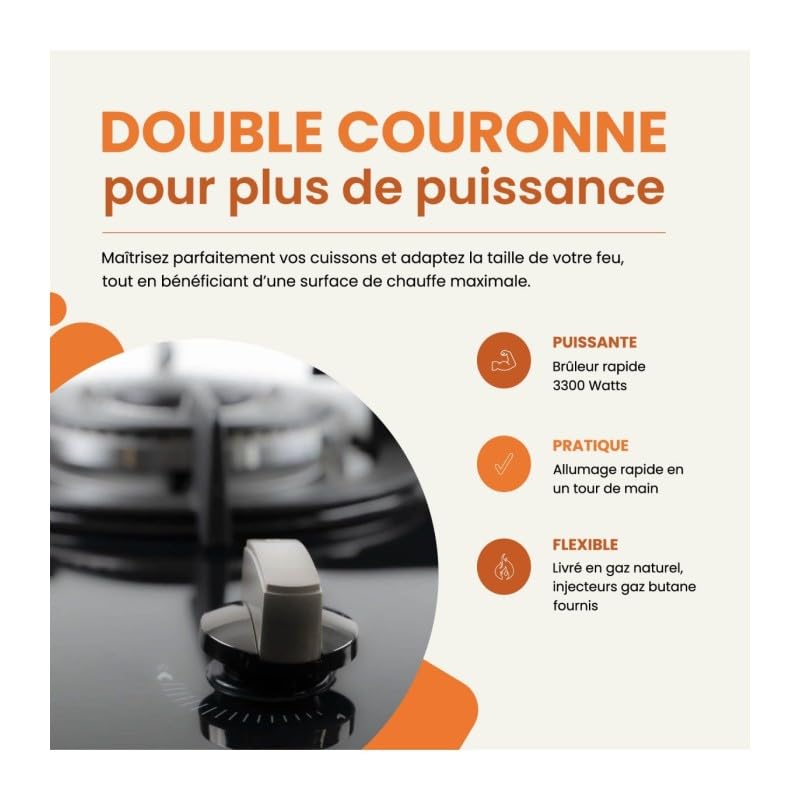 BELDEKO Plaque Gaz 1 Feu Double Couronne Verre Noir - Marque Française