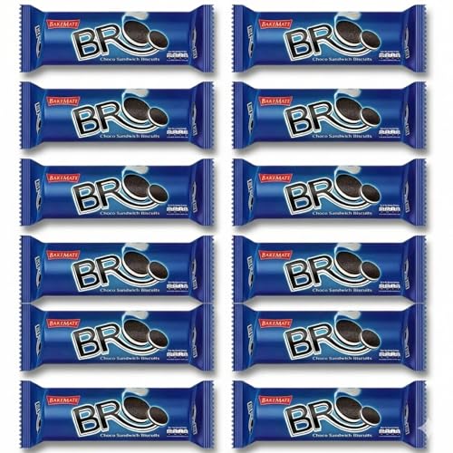 Image of BakeMate BRO Choco Sandwich Cream Biscuits - Combo Pack of 12 (100g Each) | Vanilla Cream Biscuit | Snack for Kids | Family Pack Sandwich Cream Biscuits | Tea Time Snack | Cookies Pack