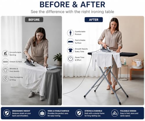 Image of SD STANDLONE Premium Foldable Ironing Board with Iron Rest & Adjustable Height | Heavy-Duty Steel Frame | Heat-Resistant Padded Cover | Stable Non-Slip Legs | Space-Saving Design for Home Use