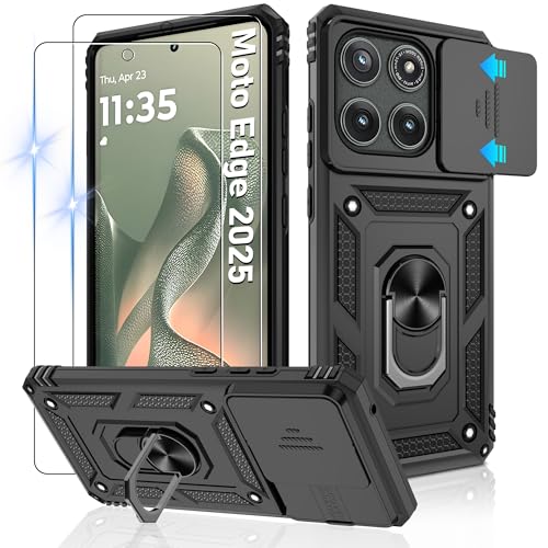 Gritup for Motorola Moto Edge (2025) Case with Slide Camera Cover & Screen Protector (2 Pack), Build in 360° Rotating Metal Kickstand | [Military Grade] Shockproof Protective，Black