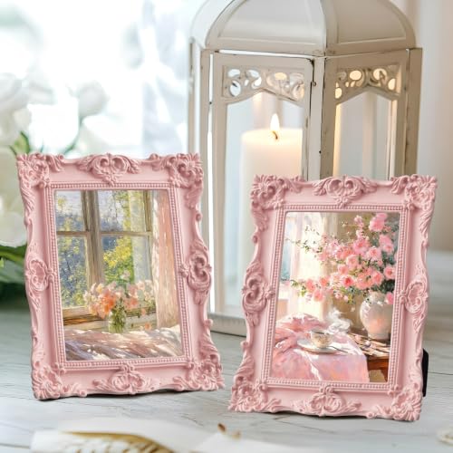 Image of eletecpro 5x7 Vintage Picture Frame with Real Glass Cover, Ornate Antique Photo Frame, Display 5x7 Picture for Tabletop or Wall Hanging, Pink Home Decor for Gallery Art