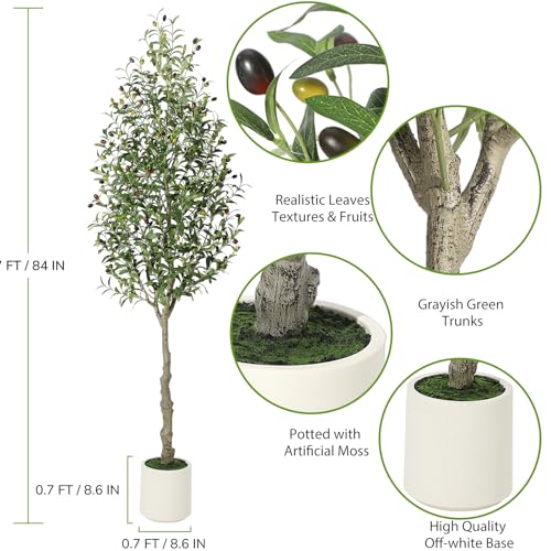 Artificial Olive Tree 7FT Tall Faux Olive Tree Indoor Fake Silk Plant with Realistic Trunk, Leaves, Fruits and White Planter, Faux Potted Tree for Home Decor and Housewarming Gift, 1 Pack