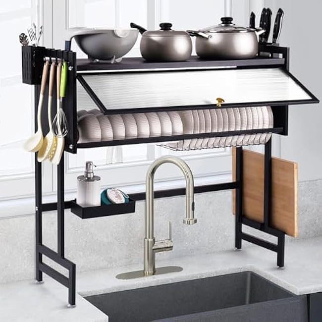 Over Sink Dish Drying Rack, Above Sink Drainage Rack for Kitchen Storage of Dishes and Cutlery, Space Saving Dish Rack with Cover, (Black, 33.5 inch)